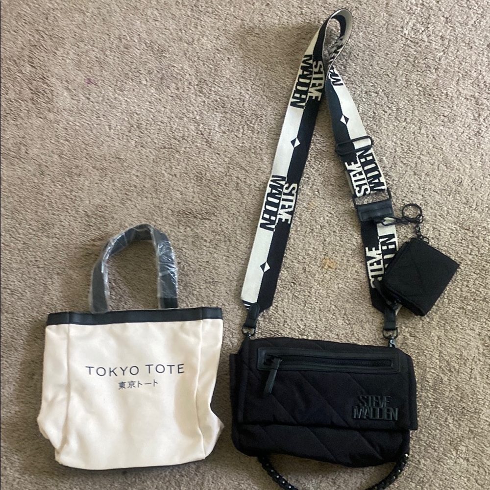 Steve Madden Black Quilted Crossbody and Cream Tokyo Tote